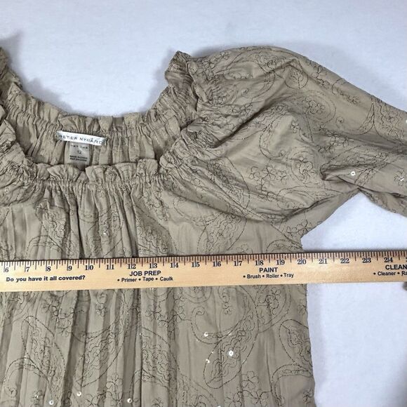 PETER NYGARD Peasant Top Tan Crinkle Cotton Embroidered And Sequins - Picture 4 of 7